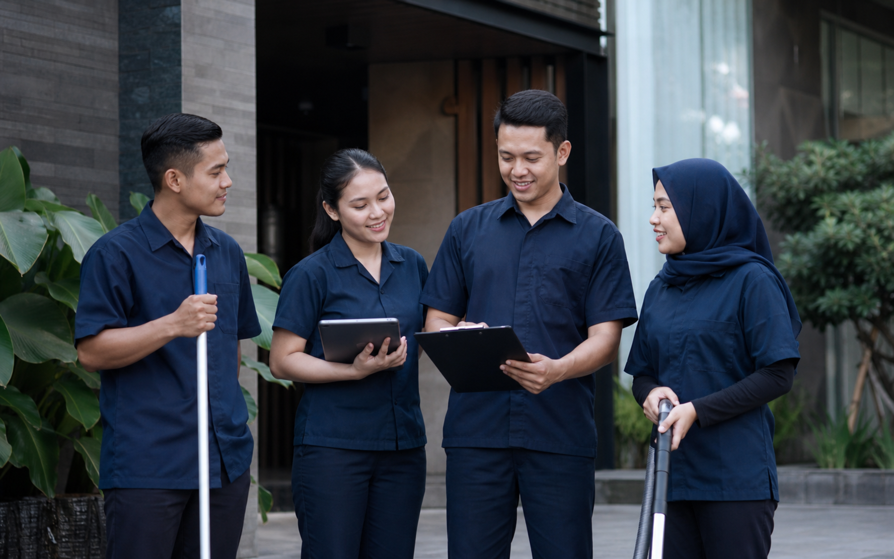 Sekelompok pekerja berseragam berdiskusi di depan gedung